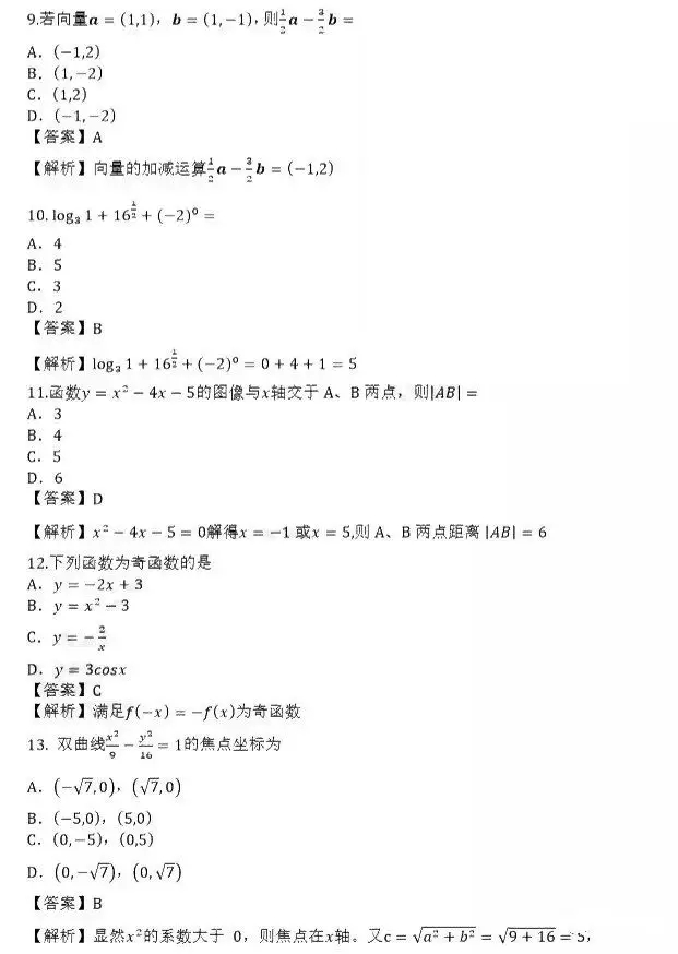 2019年10月湖南成人高考高起点《理数》真题及答案(网友版)(图1)