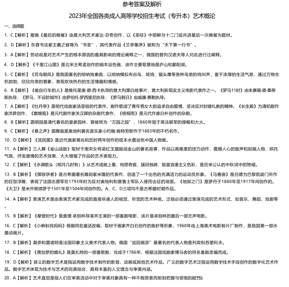 湖南成人高考专升本《艺术概论》2023年真题及答案解析(图11)