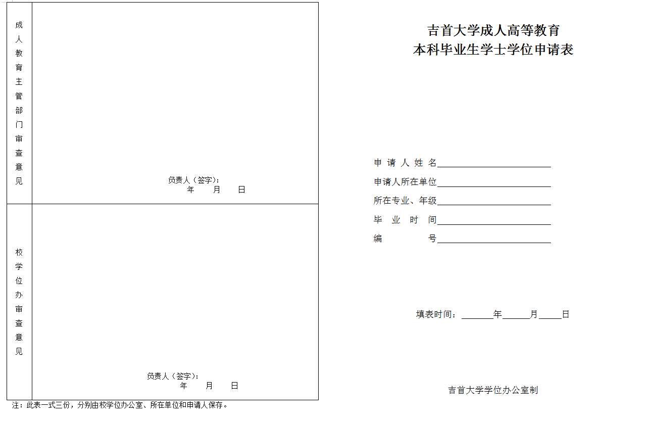 吉首大学成人高考学士学位申请表（A3纸双面打印）(图1)