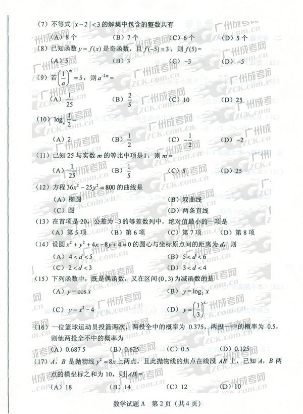 成人高考2011年高升专数学试题(图2)