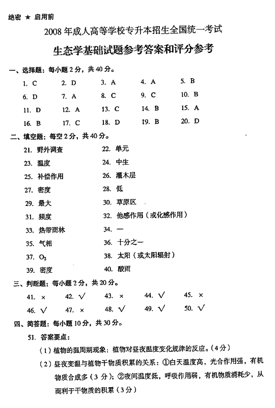 2008年成人高考专升本生态学基础试题及答案(图5)